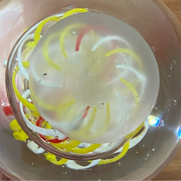 Handblown Art Glass Yellow White & Red Swirl Round Paperweight - Picture 9 of 10